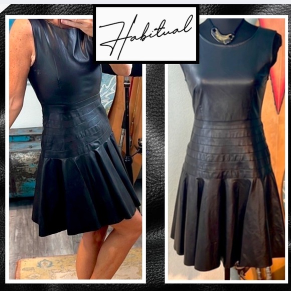 Neiman Marcus,Habitual Black Faux Leather Fit & Flare Banded Waist Dress,Size XS - Picture 4 of 14